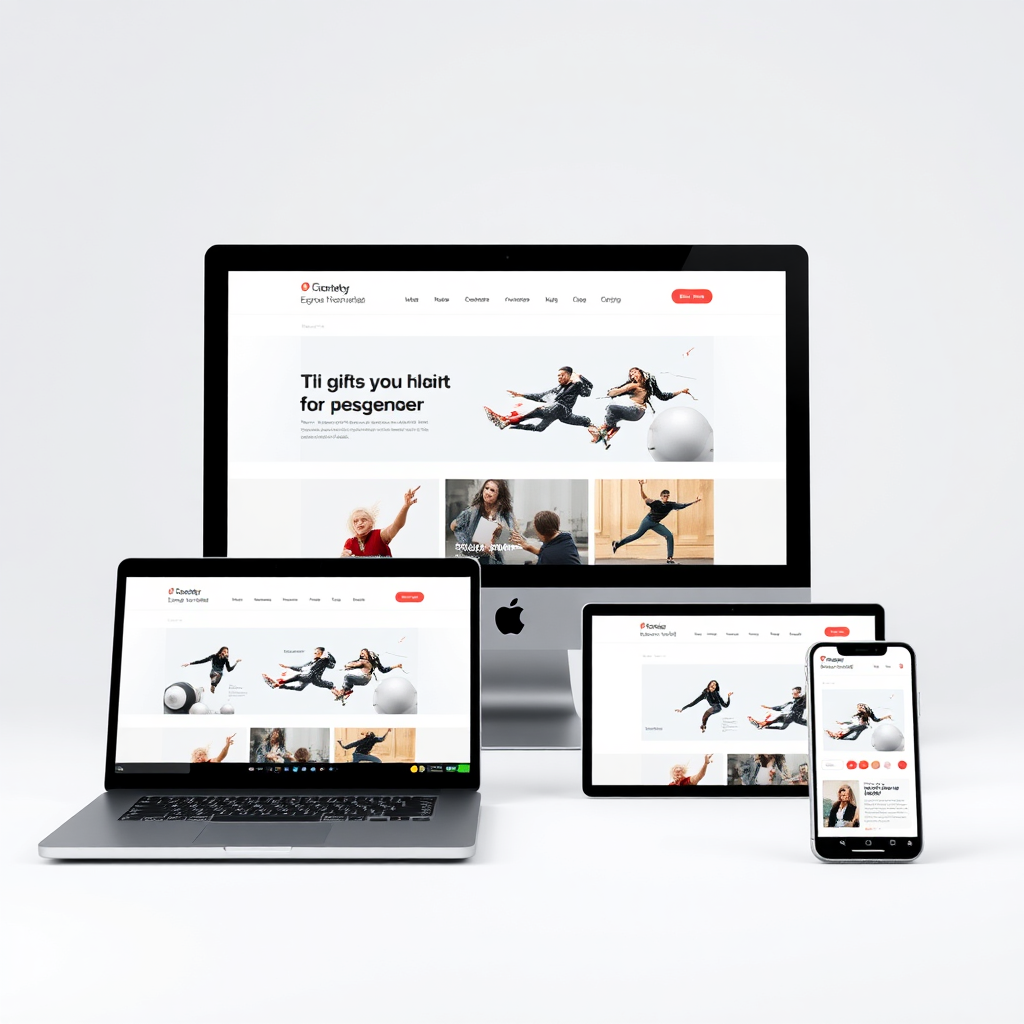 A photorealistic image showcasing a website displayed seamlessly across various devices: a desktop computer, a laptop, a tablet, and a smartphone. The website design adapts fluidly to each screen size, maintaining visual appeal and functionality. The lighting is soft and consistent across all devices, highlighting the responsiveness of the design. The color palette is modern and harmonious, creating a unified visual experience. The camera angle is wide, capturing all devices in a single frame. Texture details are sharp and refined, showcasing the crispness of the displays. The environment is a minimalist studio, conveying a sense of versatility and adaptability. Style reference: Modern web design showcase. Technical specs: 4K resolution, high-quality rendering.