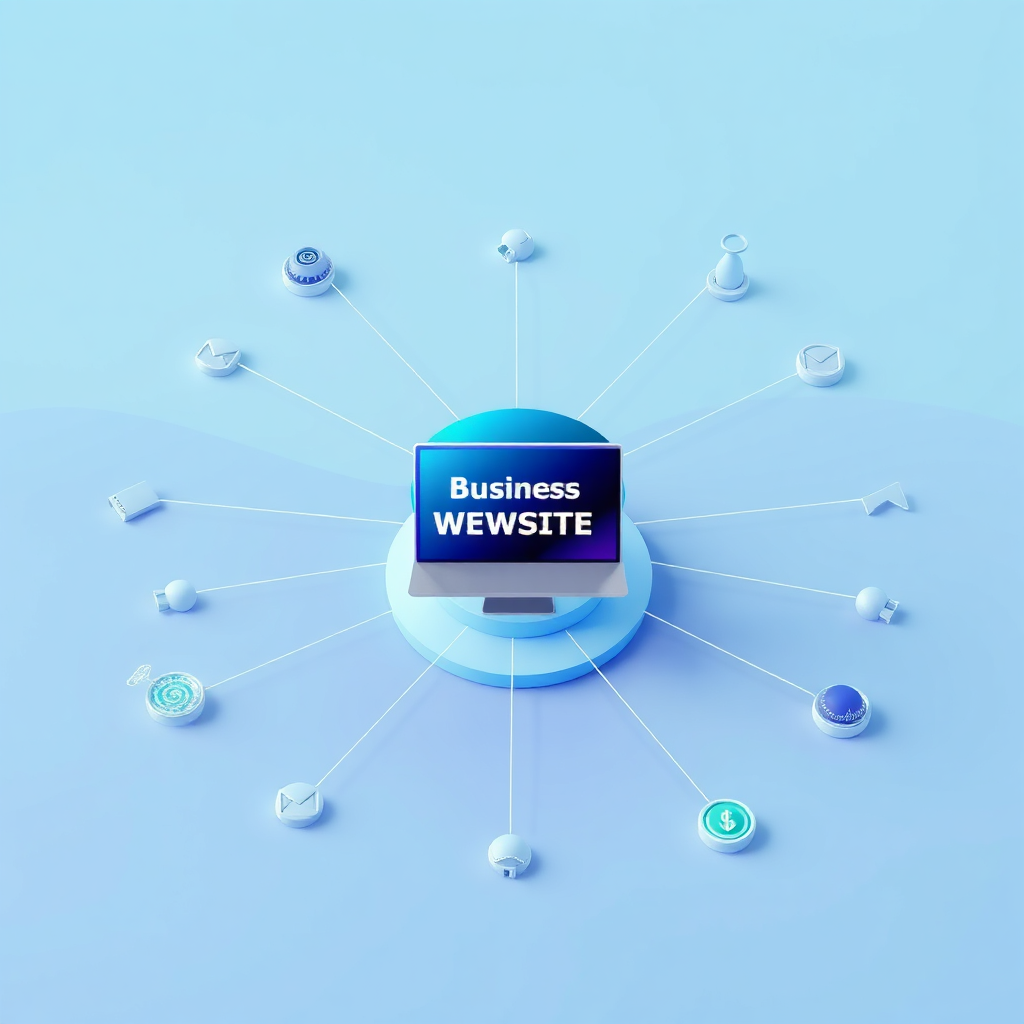 A stylized image depicting a central hub representing a business website, with various interconnected nodes radiating outwards, each representing a different digital marketing service: SEO, social media, content marketing, email marketing, etc. The nodes are connected by flowing lines, symbolizing the integration and synergy of the services. The overall aesthetic is clean and modern, with a color palette dominated by shades of blue, green, and purple. The camera angle is slightly elevated, providing a bird's-eye view of the interconnected network. Texture details are subtle and refined, emphasizing the sleekness of the digital elements. The environment is abstract and conceptual, suggesting the holistic approach of the solutions. Style reference: Modern, minimalist digital art. Technical specs: 4K resolution, high-quality rendering.