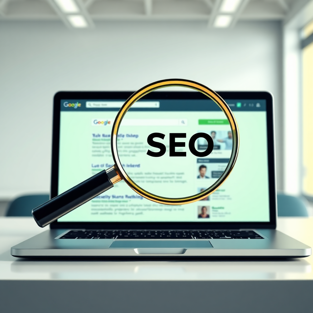 A stylized image representing SEO optimization, featuring a magnifying glass hovering over a webpage displayed on a laptop. The webpage shows search engine results with a website prominently ranked at the top. The magnifying glass symbolizes scrutiny and analysis. The laptop screen glows, highlighting the importance of online visibility. The color palette is bright and energetic, with shades of green and yellow signifying success and growth. The camera angle is slightly elevated, providing a clear view of the laptop screen and the magnifying glass. Texture details are clean and modern, emphasizing the sharpness of the digital elements. The environment is a minimalist office space, conveying a sense of professionalism and expertise. Style reference: Modern, minimalist digital art. Technical specs: 4K resolution, high-quality rendering.